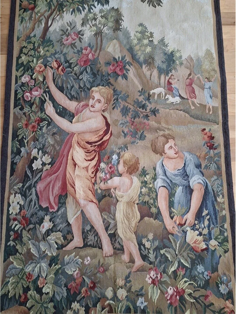 Hand-woven Wool & Silk Aubusson Tapestry French Gobelin Picking Flowers Wall Art